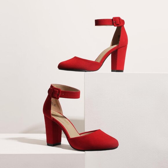Dream Pairs Women Red Suede Faux Suede Block High Heel Closed Toe Sandal - Picture 8 of 8